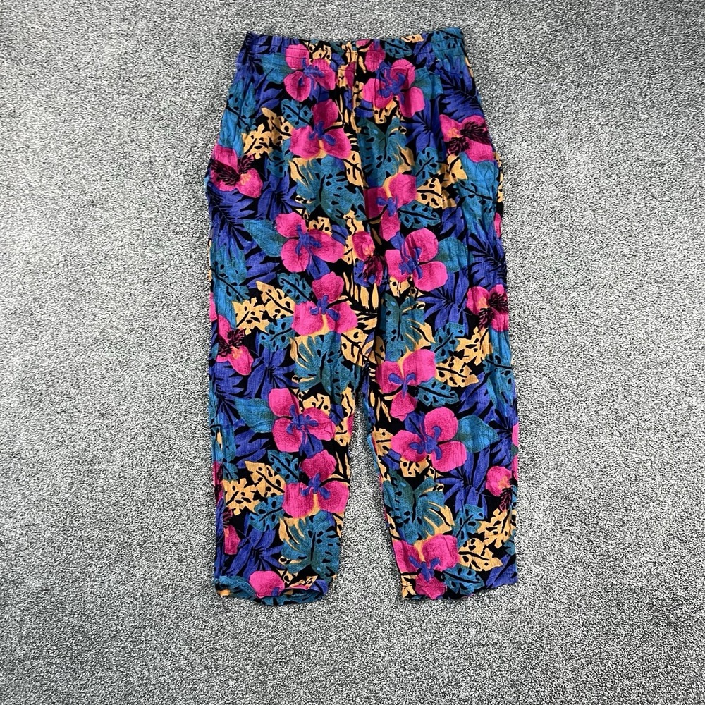 Vintage Croquet Club Womens L Tropical Floral Pants 90s Colorful Cropped Rayon